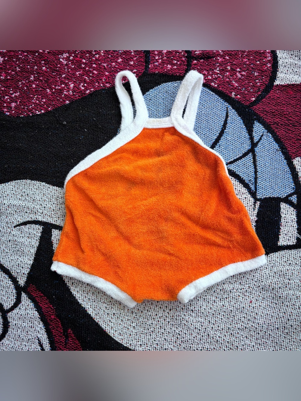 VINTAGE SEARS ORANGE WHITE TERRY CLOTH ONE PIECE SUN SUIT SIZE NEWBORN